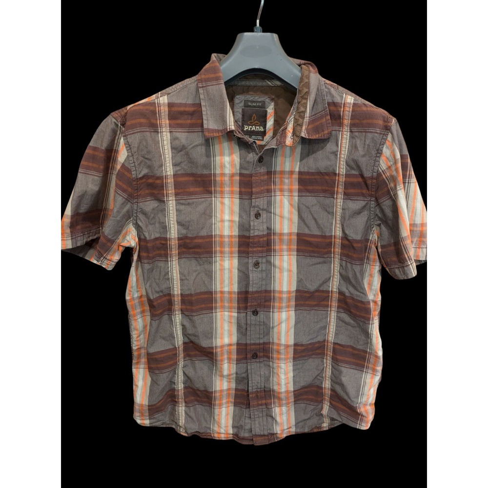 Prana Button Down slim fit Shirt Men L Orange Brown Plaid Short Sleeve